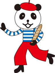 BonjourPandaのキャラクター。青と白のボーダーシャツに赤いワイドパンツを着用。赤いベレー帽を被ったパンダが絵の具のパレットを持っている。